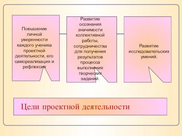 Цели проектной деятельности Повышение личной уверенности каждого ученика проектной деятельности, его самореализация