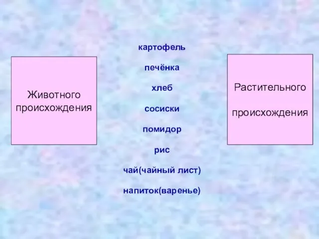 Растительного происхождения Животного происхождения картофель печёнка хлеб сосиски помидор рис чай(чайный лист) напиток(варенье)