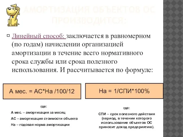 АМОРТИЗАЦИЯ ОБЪЕКТОВ ОС ПРОИЗВОДИТСЯ: ⮲ Линейный способ: заключается в равномерном (по годам)