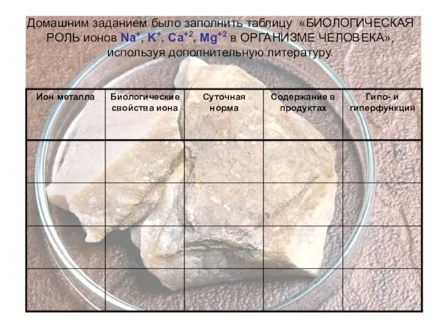 Домашним заданием было заполнить таблицу «БИОЛОГИЧЕСКАЯ РОЛЬ ионов Na+, K+, Ca+2, Mg+2