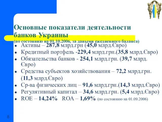 Основные показатели деятельности банков Украины (по состоянию на 01.10.2006, за даными ежедневного