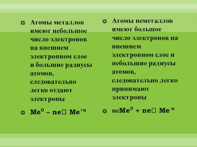 Атомы металлов имеют небольшое число электронов на внешнем электронном слое и большие