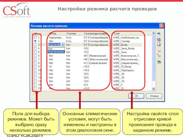 ©ЗАО «СиСофт» ©ЗАО «СиСофт» Настройка режима расчета проводов Поле для выбора режимов.