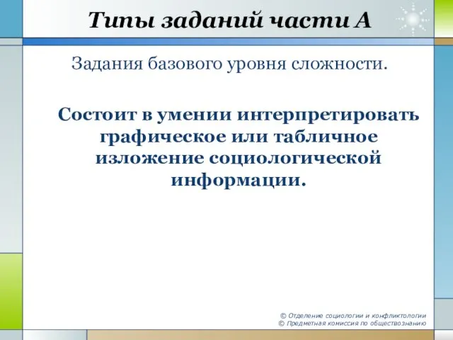 Типы заданий части А Задания базового уровня сложности. Состоит в умении интерпретировать