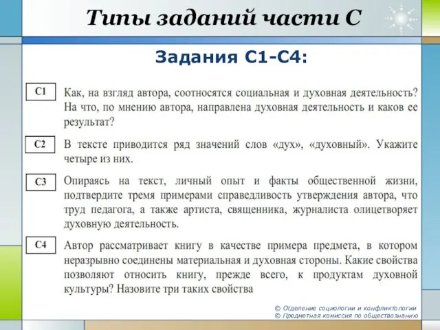 Типы заданий части С Задания С1-С4: © Отделение социологии и конфликтологии © Предметная комиссия по обществознанию