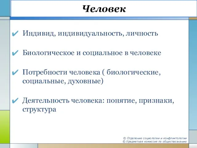 Человек Индивид, индивидуальность, личность Биологическое и социальное в человеке Потребности человека (