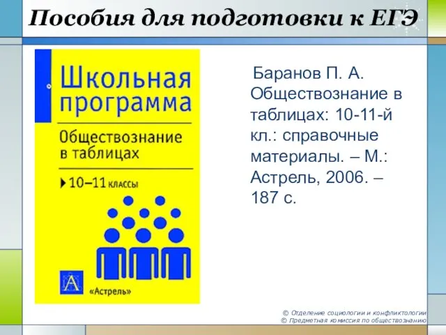 Пособия для подготовки к ЕГЭ Баранов П. А. Обществознание в таблицах: 10-11-й