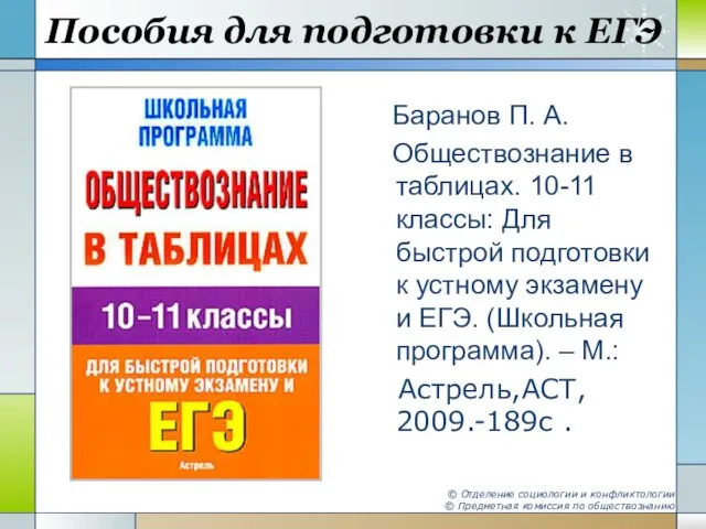 Пособия для подготовки к ЕГЭ Баранов П. А. Обществознание в таблицах. 10-11