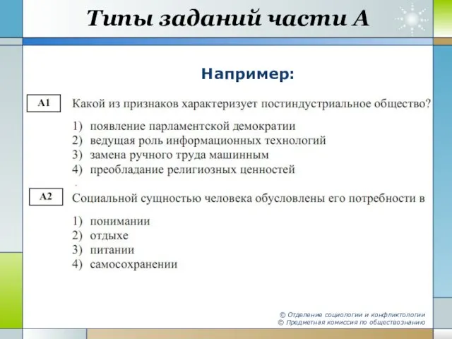 Типы заданий части А Например: © Отделение социологии и конфликтологии © Предметная комиссия по обществознанию