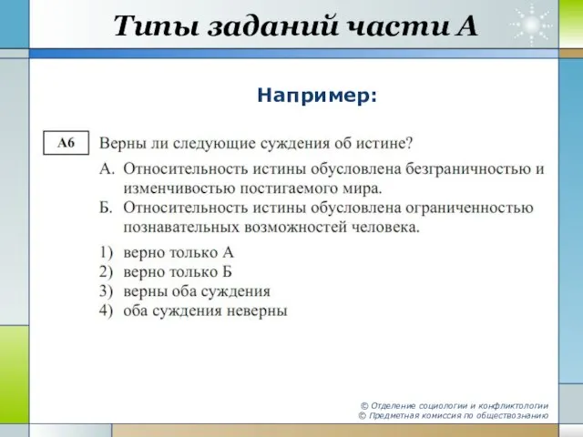 Типы заданий части А Например: © Отделение социологии и конфликтологии © Предметная комиссия по обществознанию