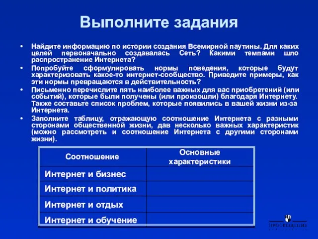 Выполните задания Найдите информацию по истории создания Всемирной паутины. Для каких целей