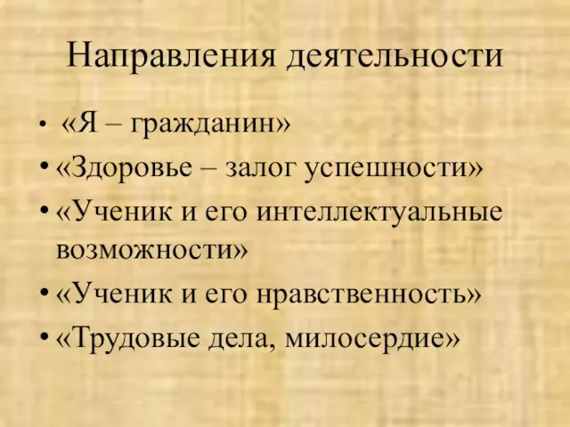 Направления деятельности «Я – гражданин» «Здоровье – залог успешности» «Ученик и его