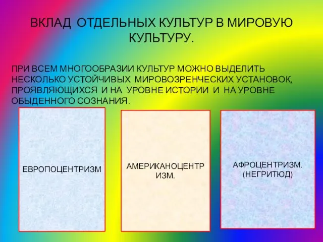 ВКЛАД ОТДЕЛЬНЫХ КУЛЬТУР В МИРОВУЮ КУЛЬТУРУ. ПРИ ВСЕМ МНОГООБРАЗИИ КУЛЬТУР МОЖНО ВЫДЕЛИТЬ