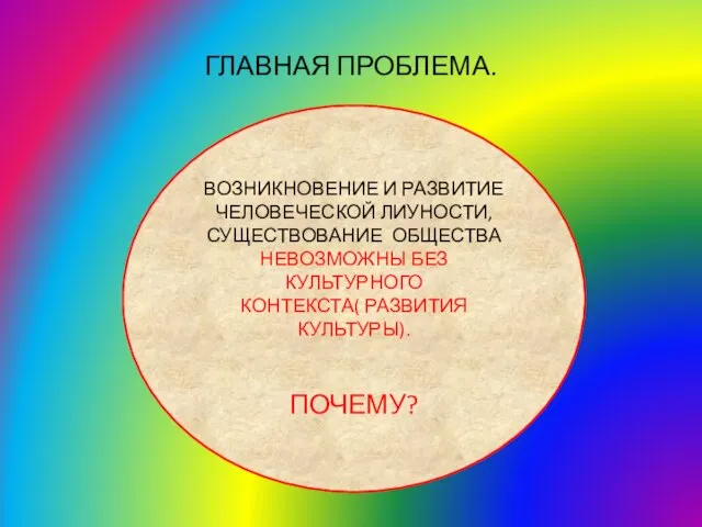 ГЛАВНАЯ ПРОБЛЕМА. ВОЗНИКНОВЕНИЕ И РАЗВИТИЕ ЧЕЛОВЕЧЕСКОЙ ЛИУНОСТИ, СУЩЕСТВОВАНИЕ ОБЩЕСТВА НЕВОЗМОЖНЫ БЕЗ КУЛЬТУРНОГО КОНТЕКСТА( РАЗВИТИЯ КУЛЬТУРЫ). ПОЧЕМУ?