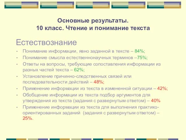 Основные результаты. 10 класс. Чтение и понимание текста Естествознание Понимание информации, явно