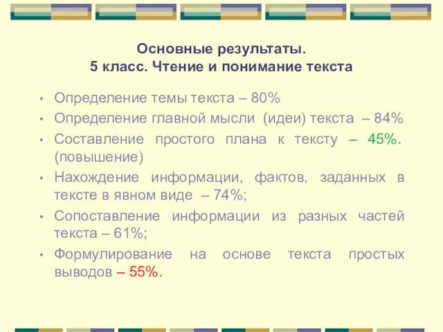 Основные результаты. 5 класс. Чтение и понимание текста Определение темы текста –