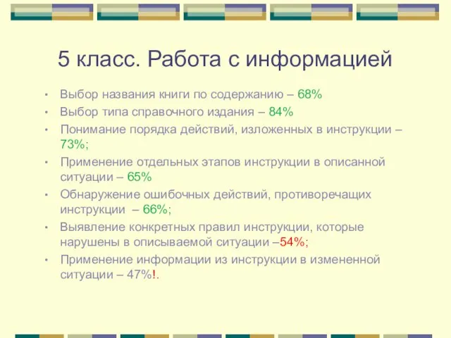 5 класс. Работа с информацией Выбор названия книги по содержанию – 68%