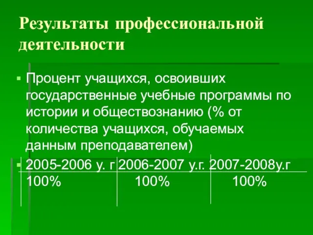 Результаты профессиональной деятельности Процент учащихся, освоивших государственные учебные программы по истории и