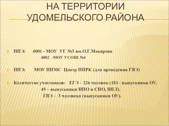 НА ТЕРРИТОРИИ УДОМЕЛЬСКОГО РАЙОНА ППЭ: 4001 - МОУ УГ №3 им.О.Г.Макарова 4002