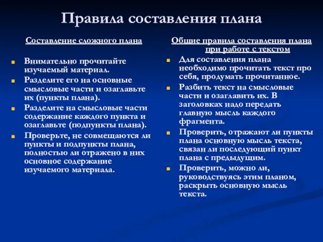 Правила составления плана Составление сложного плана Внимательно прочитайте изучаемый материал. Разделите его