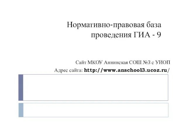 Нормативно-правовая база проведения ГИА - 9 Сайт МКОУ Аннинская СОШ №3 с УИОП Адрес сайта: http://www.anschool3.ucoz.ru/