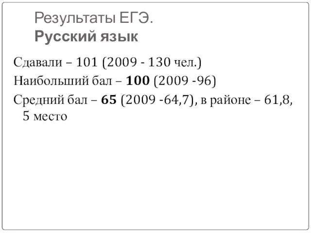 Результаты ЕГЭ. Русский язык Сдавали – 101 (2009 - 130 чел.) Наибольший