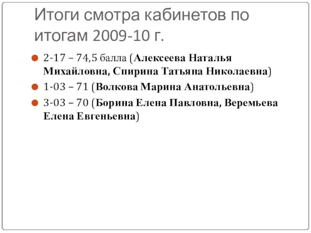 Итоги смотра кабинетов по итогам 2009-10 г. 2-17 – 74,5 балла (Алексеева