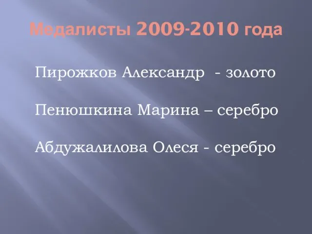 Медалисты 2009-2010 года Пирожков Александр - золото Пенюшкина Марина – серебро Абдужалилова Олеся - серебро