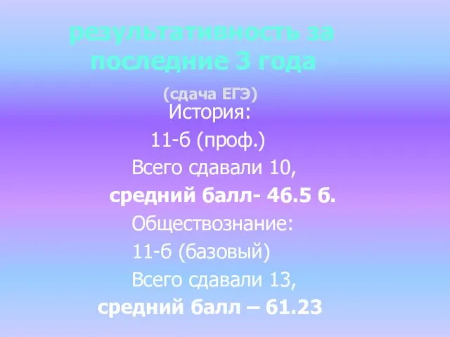 результативность за последние 3 года (сдача ЕГЭ) История: 11-б (проф.) Всего сдавали