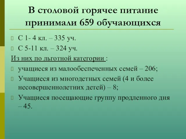 В столовой горячее питание принимали 659 обучающихся С 1- 4 кл. –