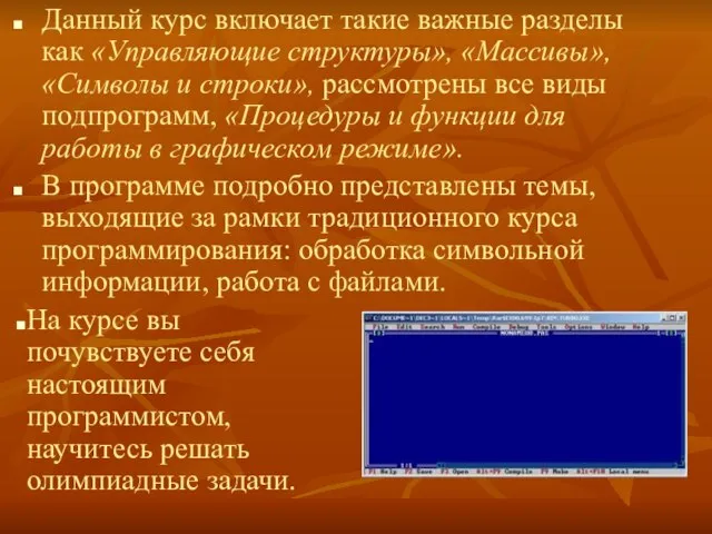 Данный курс включает такие важные разделы как «Управляющие структуры», «Массивы», «Символы и