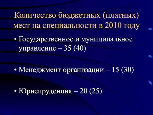 Количество бюджетных (платных) мест на специальности в 2010 году Государственное и муниципальное