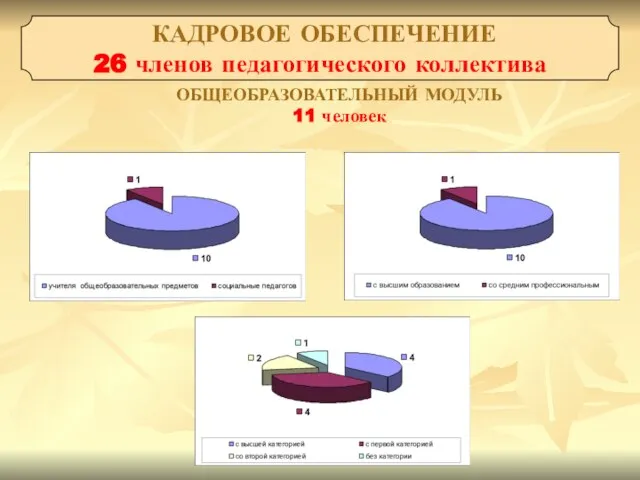 КАДРОВОЕ ОБЕСПЕЧЕНИЕ 26 членов педагогического коллектива ОБЩЕОБРАЗОВАТЕЛЬНЫЙ МОДУЛЬ 11 человек