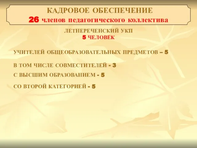 КАДРОВОЕ ОБЕСПЕЧЕНИЕ 26 членов педагогического коллектива ЛЕТНЕРЕЧЕНСКИЙ УКП 5 ЧЕЛОВЕК УЧИТЕЛЕЙ ОБЩЕОБРАЗОВАТЕЛЬНЫХ