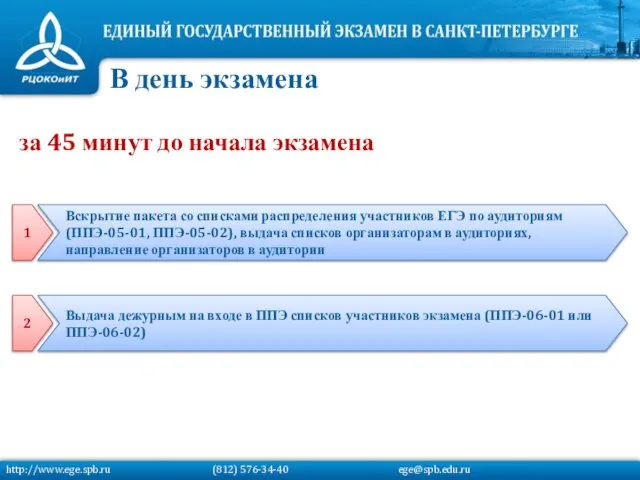В день экзамена за 45 минут до начала экзамена http://www.ege.spb.ru (812) 576-34-40