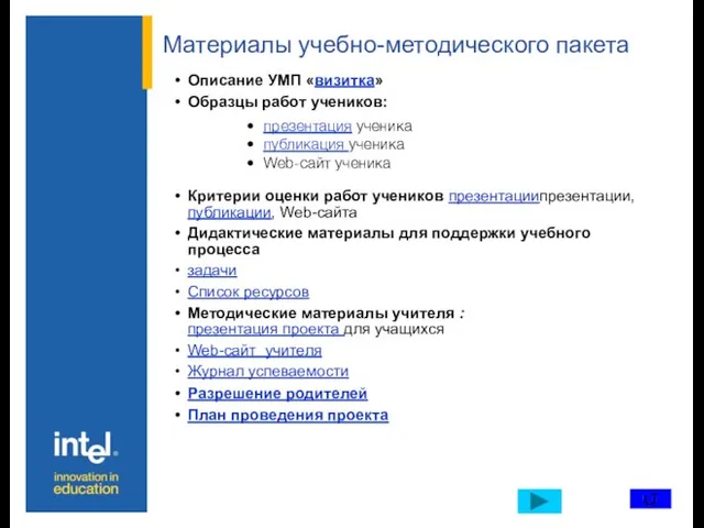 Материалы учебно-методического пакета Описание УМП «визитка» Образцы работ учеников: презентация ученика публикация