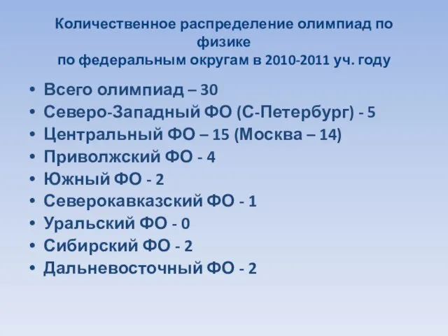 Количественное распределение олимпиад по физике по федеральным округам в 2010-2011 уч. году