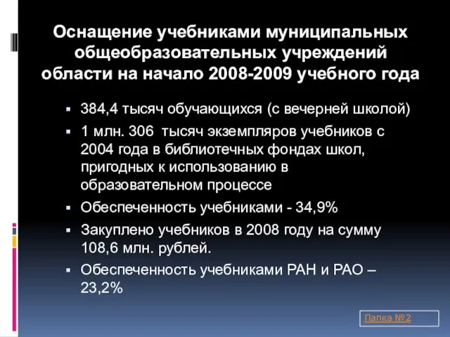 Оснащение учебниками муниципальных общеобразовательных учреждений области на начало 2008-2009 учебного года 384,4