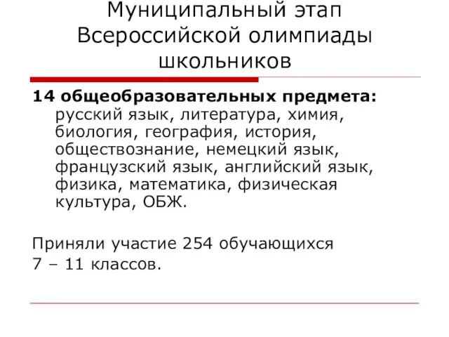 Муниципальный этап Всероссийской олимпиады школьников 14 общеобразовательных предмета: русский язык, литература, химия,