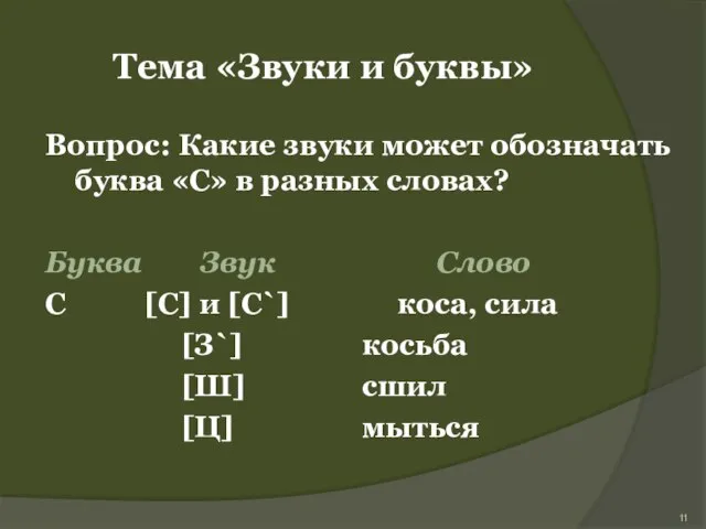 Тема «Звуки и буквы» Вопрос: Какие звуки может обозначать буква «С» в