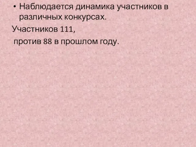 Наблюдается динамика участников в различных конкурсах. Участников 111, против 88 в прошлом году.