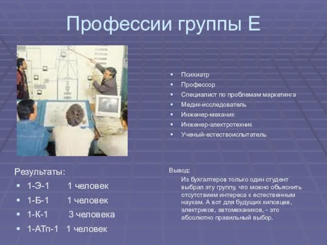 Профессии группы Е Результаты: 1-Э-1 1 человек 1-Б-1 1 человек 1-К-1 3