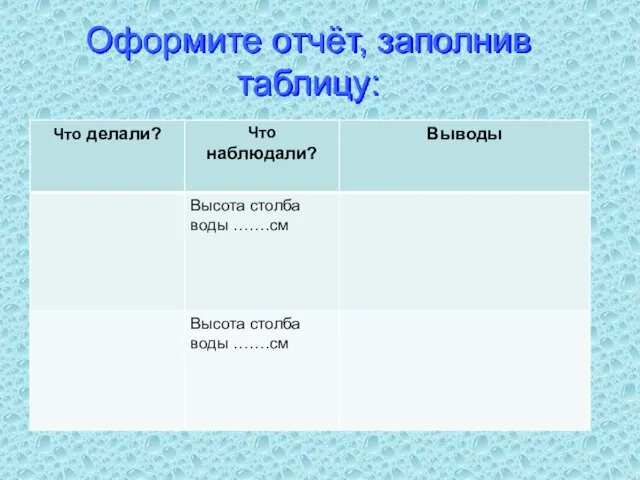 Оформите отчёт, заполнив таблицу: