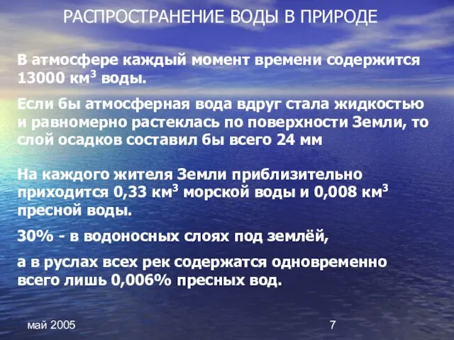 май 2005 РАСПРОСТРАНЕНИЕ ВОДЫ В ПРИРОДЕ На каждого жителя Земли приблизительно приходится