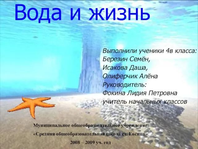 Вода и жизнь Выполнили ученики 4в класса: Березин Семён, Исакова Даша, Олиферчик