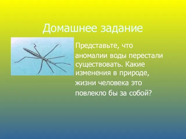 Домашнее задание Представьте, что аномалии воды перестали существовать. Какие изменения в природе,