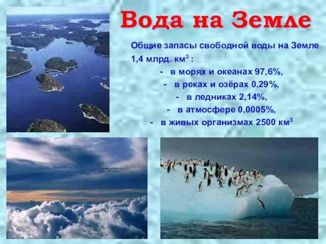 Общие запасы свободной воды на Земле 1,4 млрд. км3 : в морях