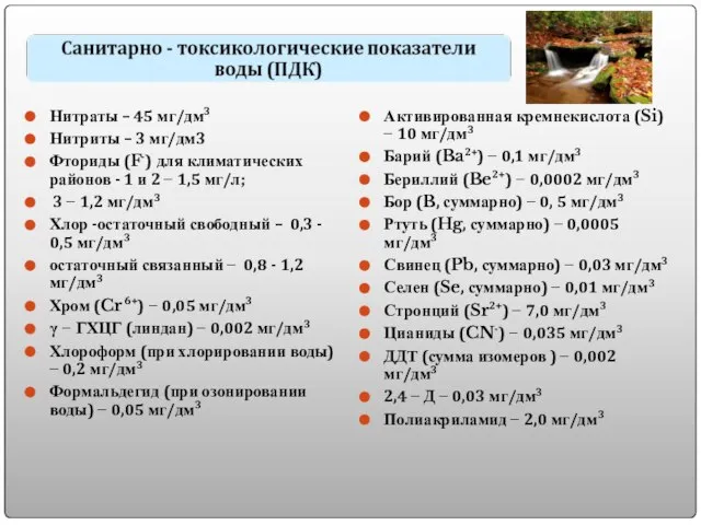 Нитраты – 45 мг/дм3 Нитриты – 3 мг/дм3 Фториды (F-) для климатических