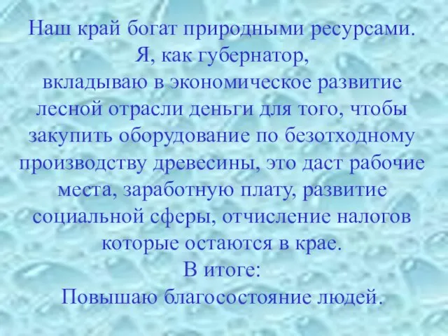 Наш край богат природными ресурсами. Я, как губернатор, вкладываю в экономическое развитие