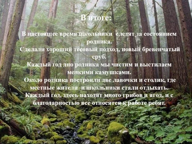 В настоящее время школьники следят за состоянием родника. Сделали хороший тесовый подход,